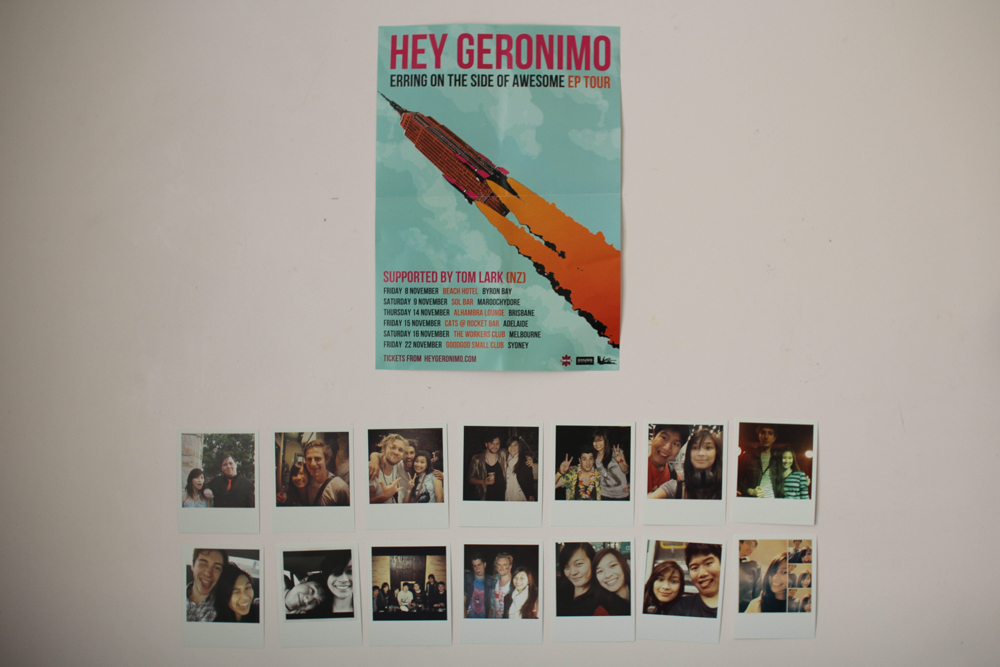 Hey Geronimo tour poster and Instagram prints on my wall