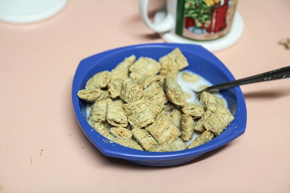 Mini-wheats and milk for breakfast