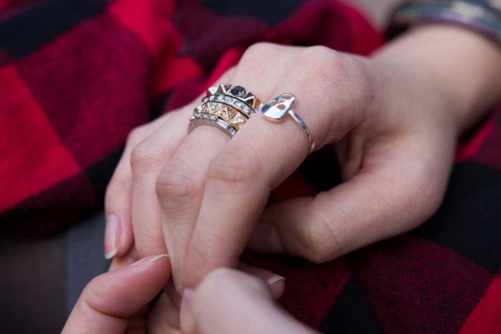 Pyramid style stack rings and skull ring