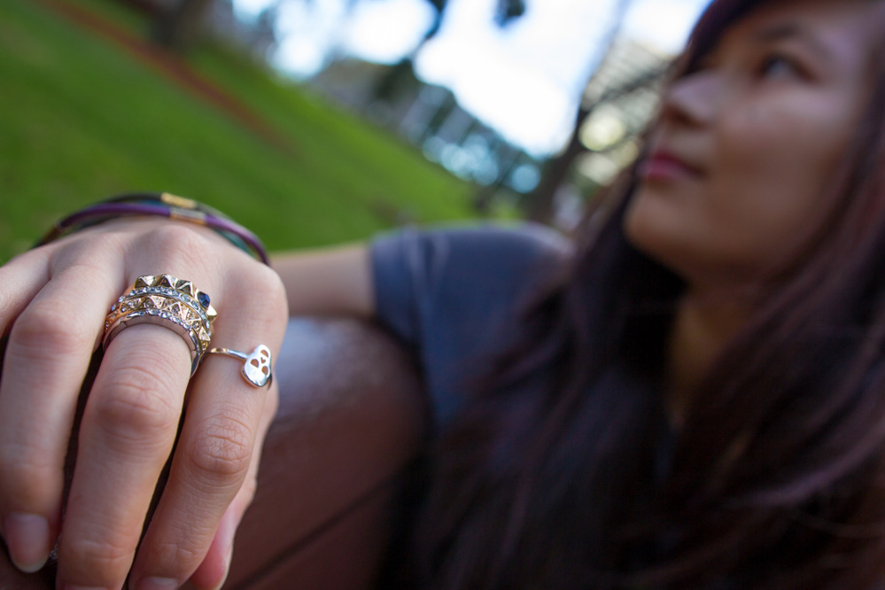 Pyramid style stack rings and skull ring