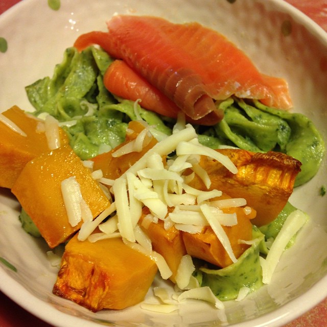 Kale fettuccine + roast pumpkin + smoked trout + cheddar cheese