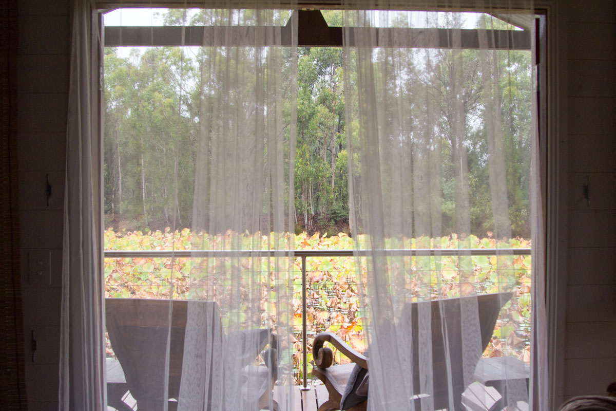 View from the inside of the boathouse, with the curtains