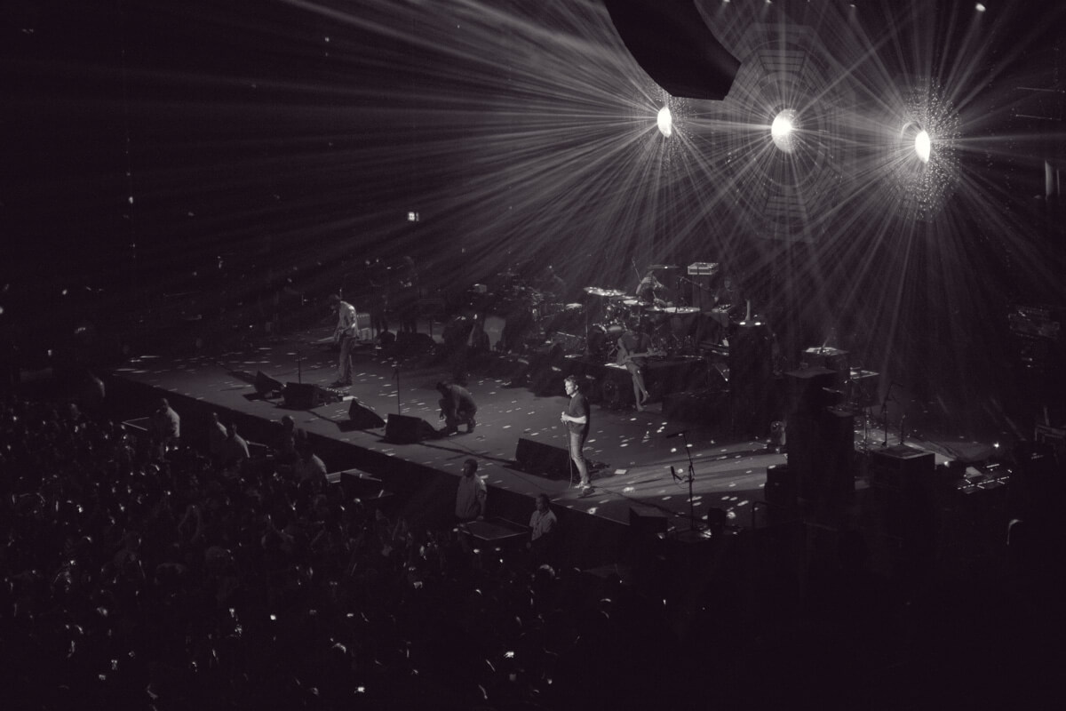 A shot of the stage with the disco balls turning