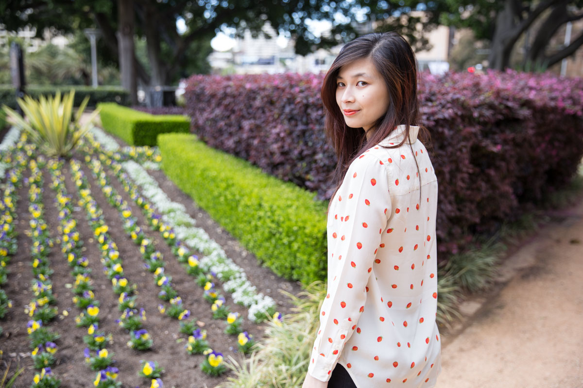 Rows of strawberries on my shirt, rows of flowers in a flower bed