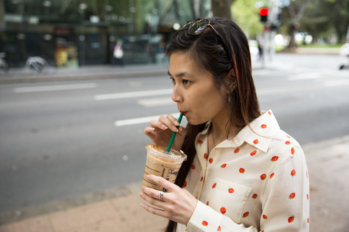 Me drinking a caramel frappuccino. Yeah, I didn’t really want the strawberries and cream frap...