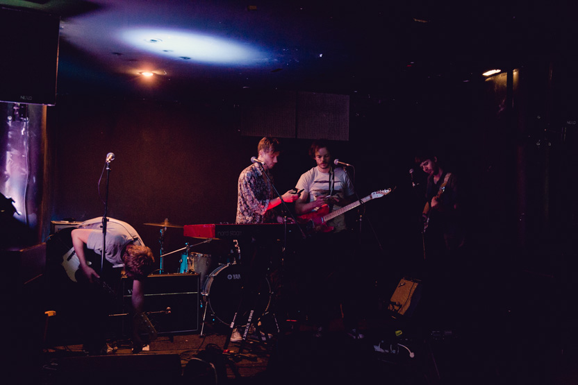 The band setting up in a dark basement in Chippendale Hotel.