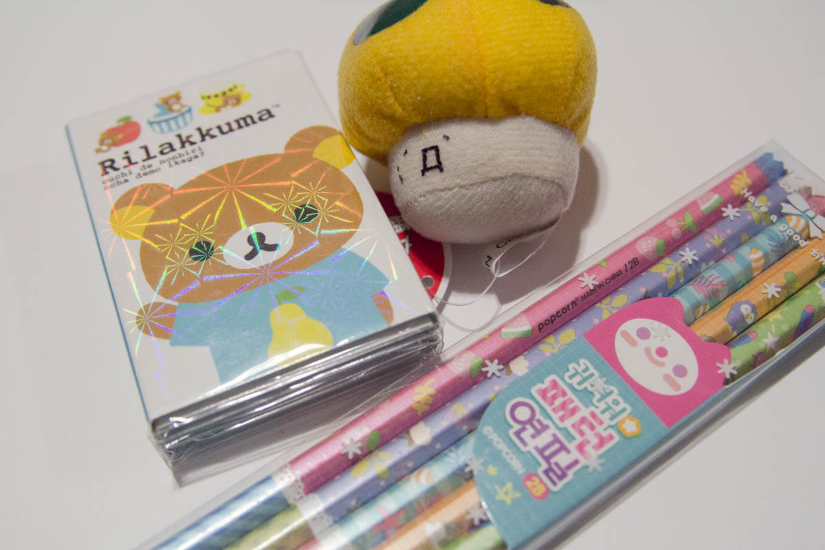 Pencil set, Rilukkuma notes and mushroom plushie