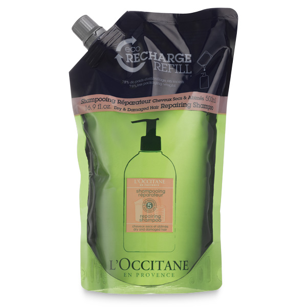 L’OCCITANE repairing shampoo in a resealable bag.